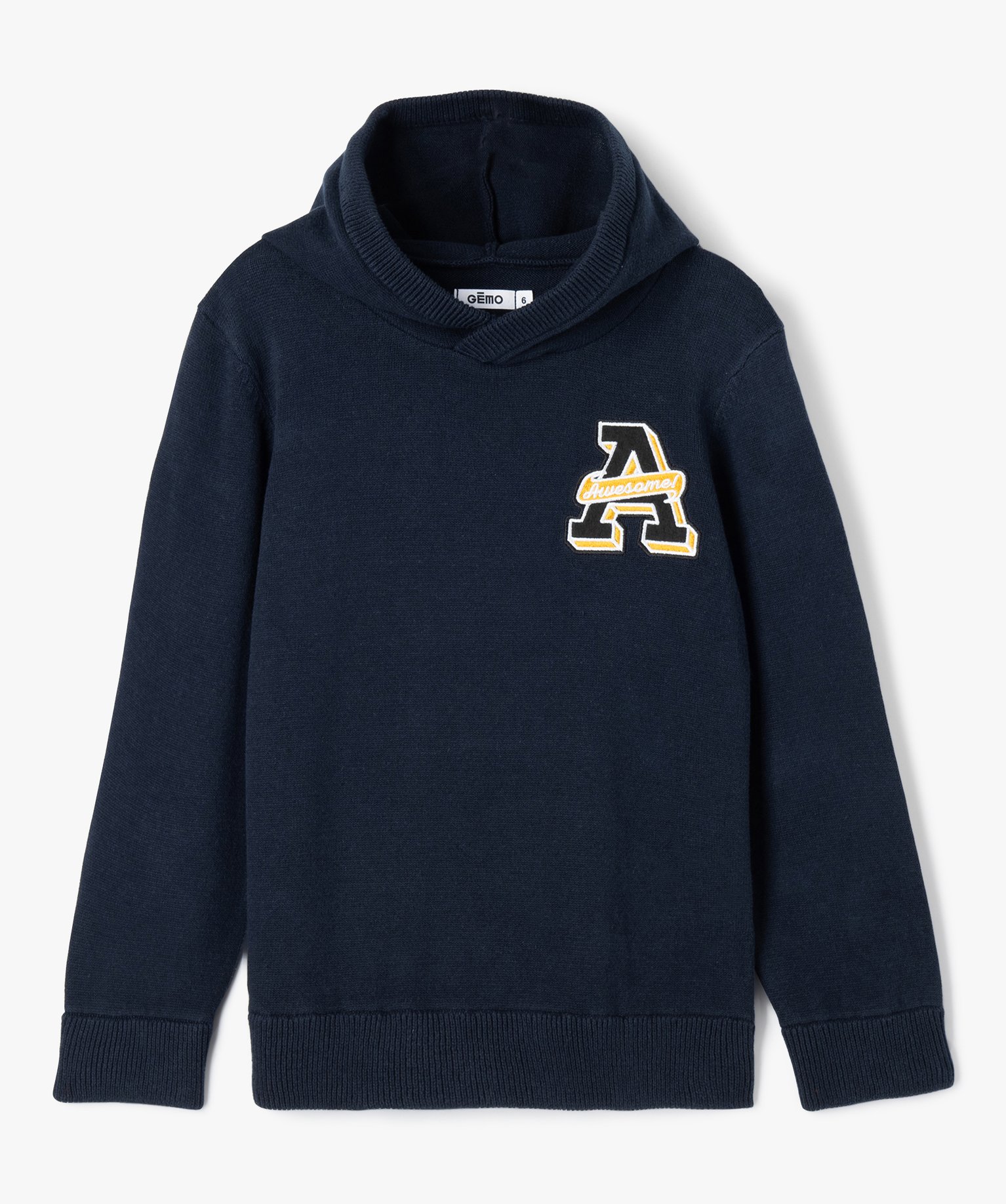 Pull en coton à capuche avec broderie poitrine Garçon marine | GEMO