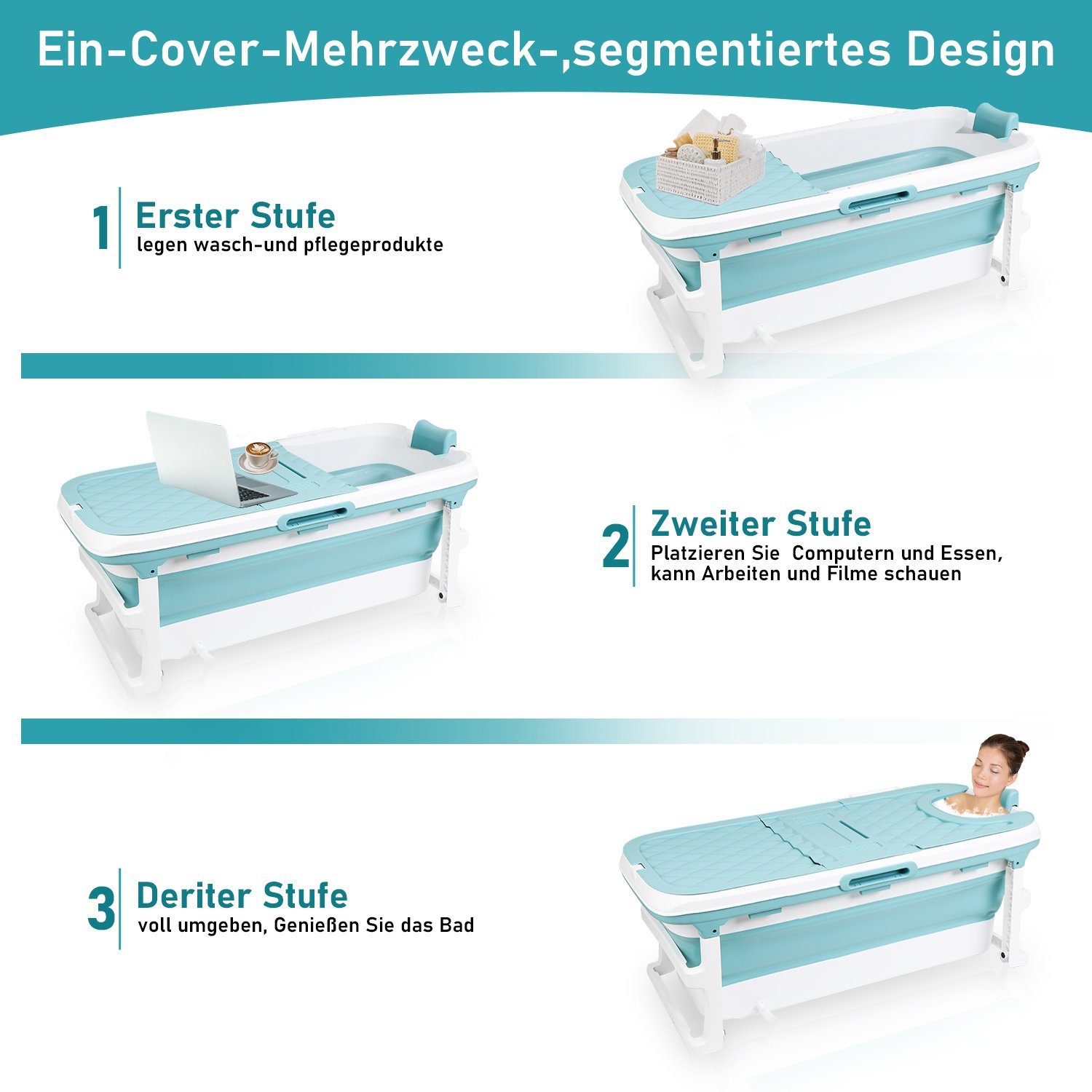 Clanmacy Badewanne Faltbare Badewanne Erwachsene Klappbadewanne blau 128cm