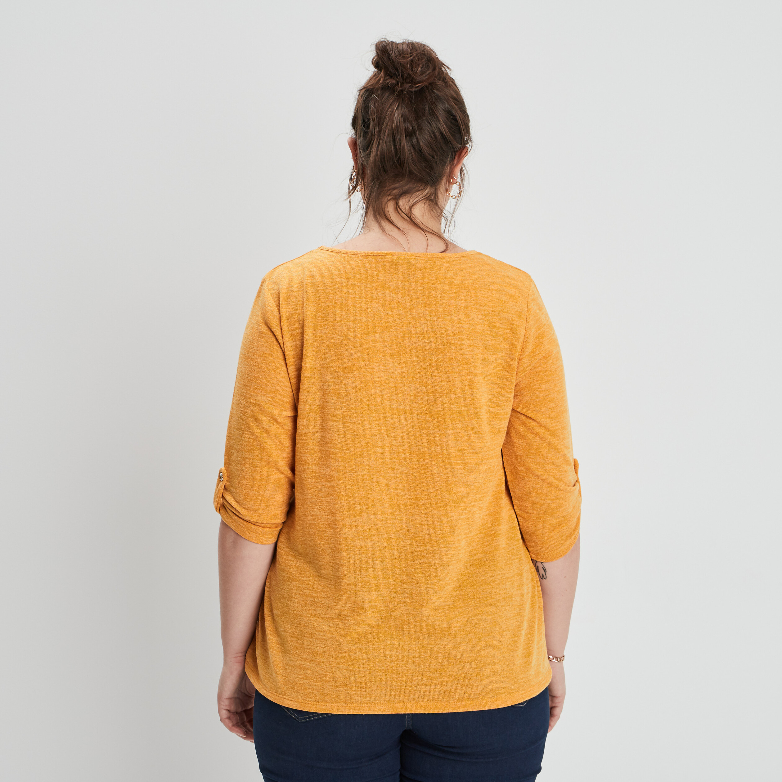 Pull manches 3 4 col rond jaune moutarde femme grande taille | La Halle