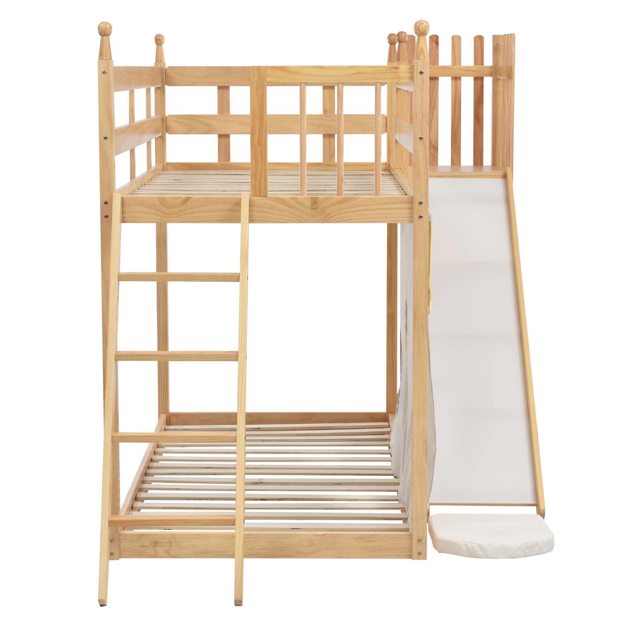 WISHDOR Holzbett Kinderbett, Etagenbett, Bett, Gästebetten, Hausbett 90x200cm (mit Fallschutz und Gitter, Rahmen aus Kiefer, mit Treppe und Zäune, mit Bettvorhang, Rutsche und Regal), Ohne Matratze