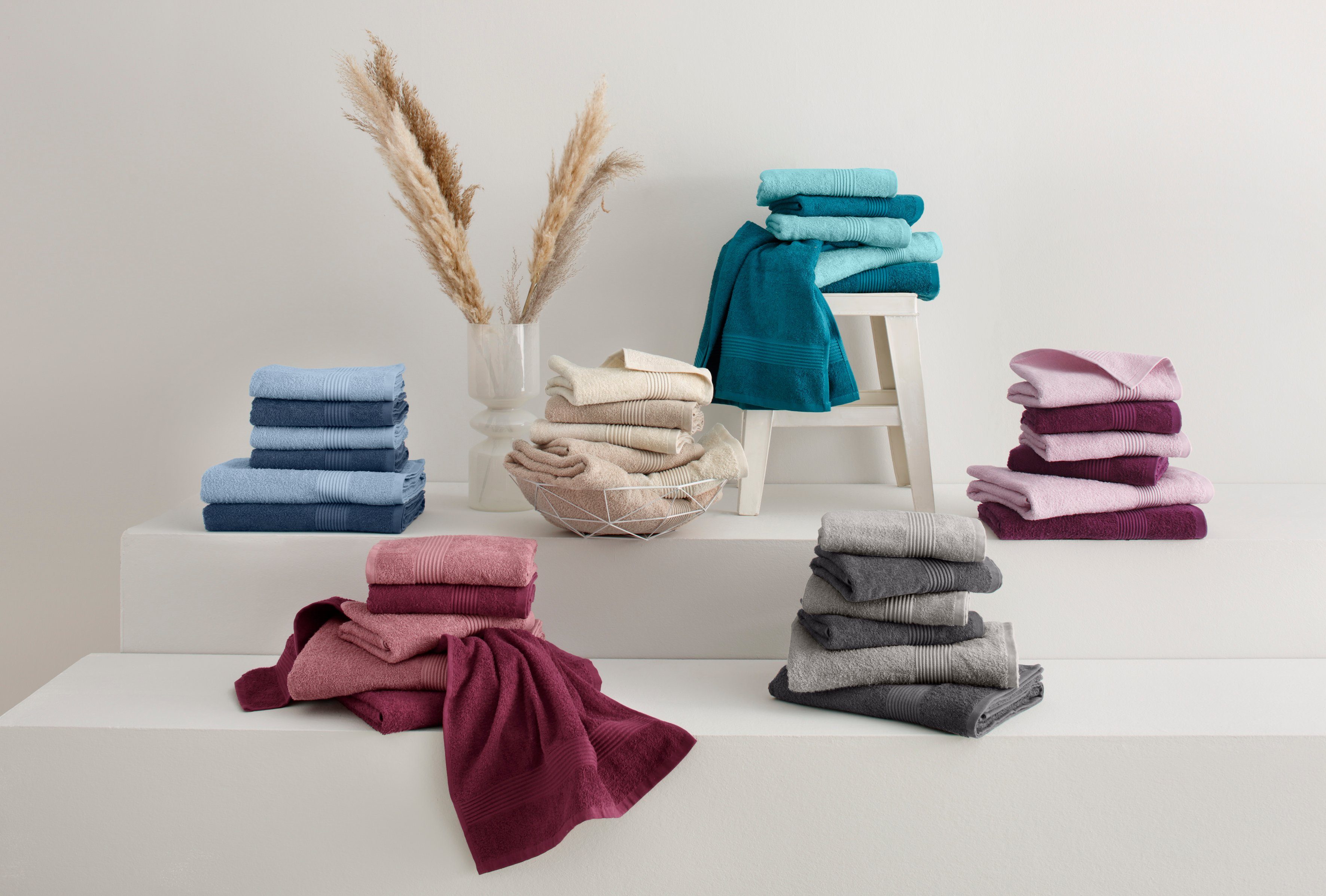my home Handtuch Set Anna, Walkfrottee, (Set, 6-tlg), gestreifte Bordüre, Handtuch-Set, Handtücher aus 100% Baumwolle