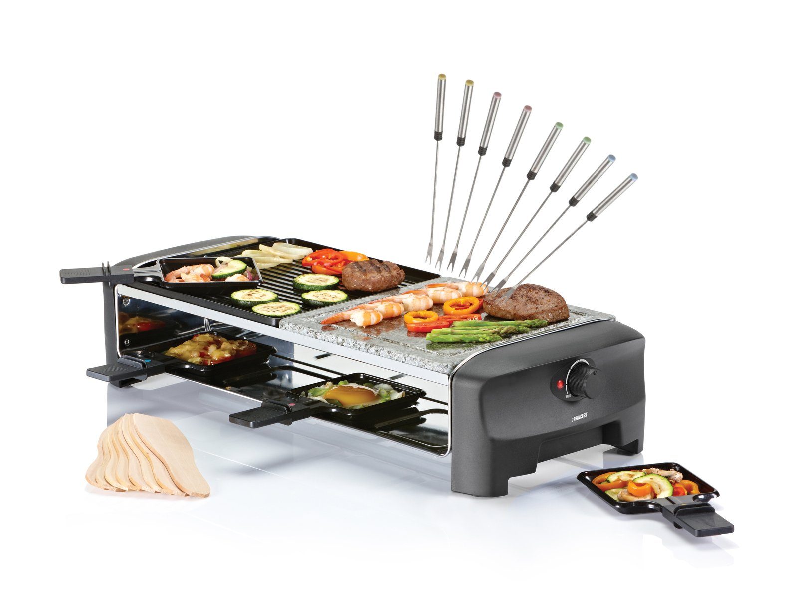 Setpoint Raclette, 8 Raclettepfännchen, 1400 W, großes Gerät 2-8 Personen Tisch-Grill Stein & wendbare Griddle Platte