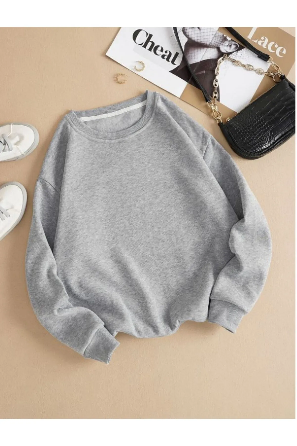 Know  Graues schlichtes Damen-Sweatshirt mit Rundhalsausschnitt