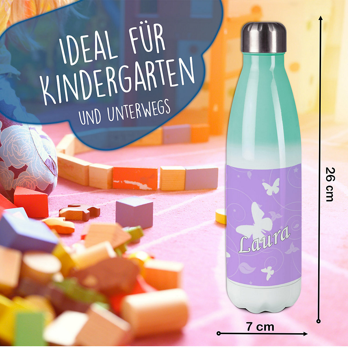 Edelstahl Kinder Thermoflasche / Trinkflasche bunt Schmetterling Ornamente Farbe flieder Spülmaschinenfest, Auslaufsicher, Bruchfest, Doppelwandig, Für Heißgetränke geeignet, Mit Deckel, Isoliert