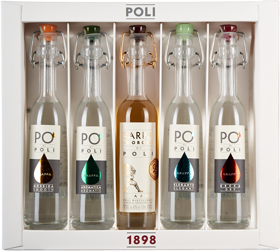 Poli 5er-Set Grappa Baby Pack je 100 ml 0,5 Liter im Geschenkkarton