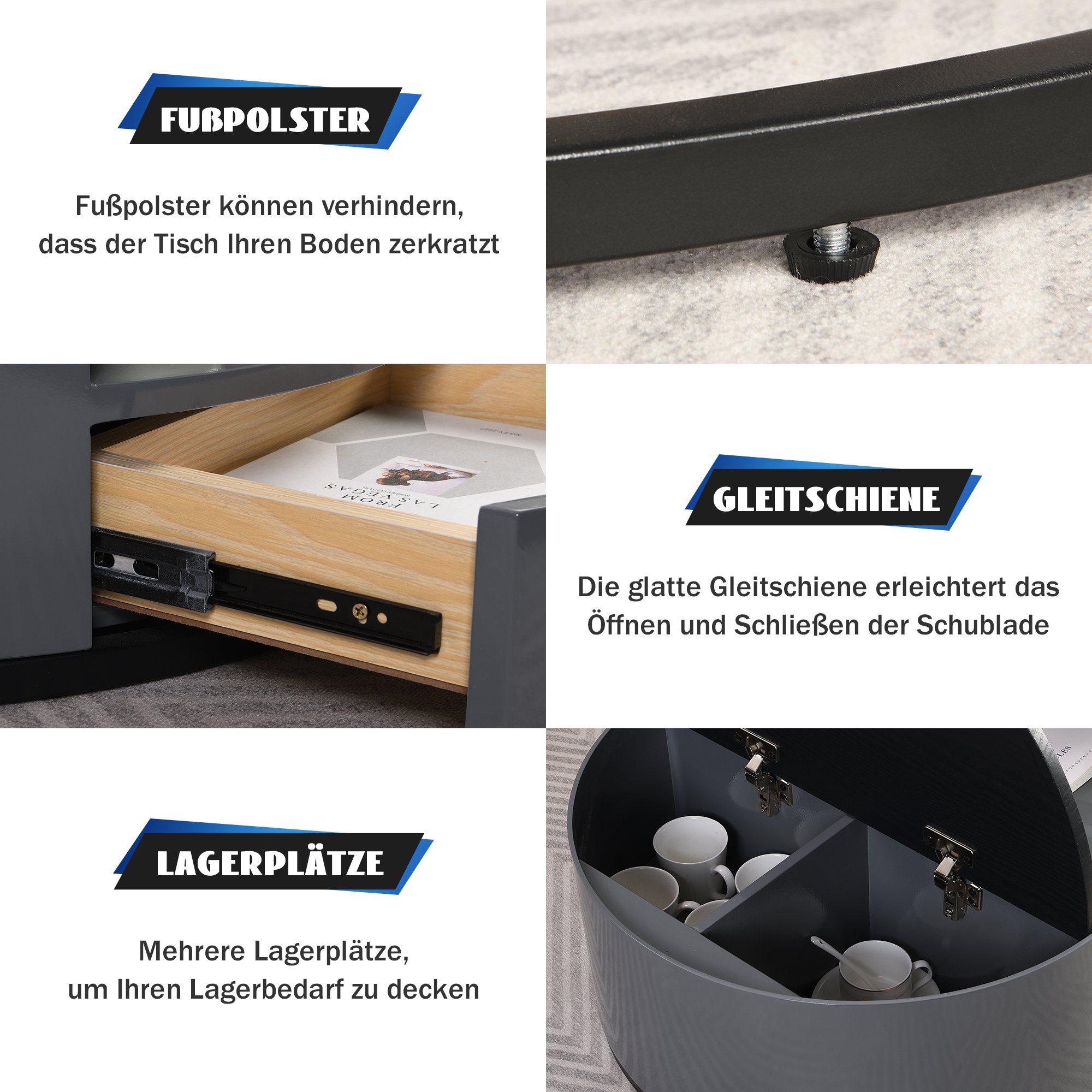 BlingBin Couchtisch Zweiteiliger Nesting-Couchtisch (1-St., 2er set, Schwarzer und grauer PVC-Marmor-Look und Aufbewahrung), mit Schublade und offener Stauraum, Staufach unter dem Schreibtisch