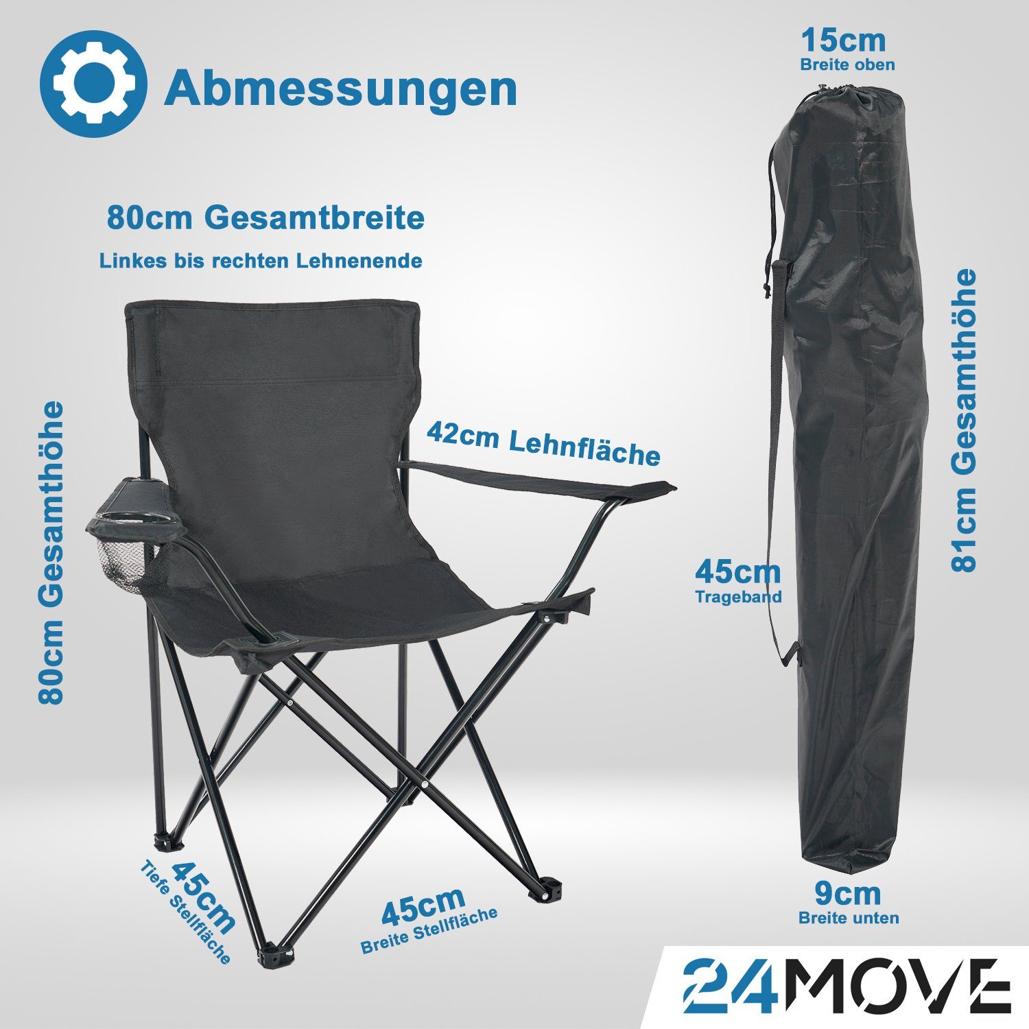 24Move Campingstuhl 24MOVE® Campingstuhl faltbar,Anglerstuhl,Liegestuhl mit Getränkehalter (bis max. 100 kg), mit Tragetasche, grün, Klappstuhl, bis 100kg belastbar