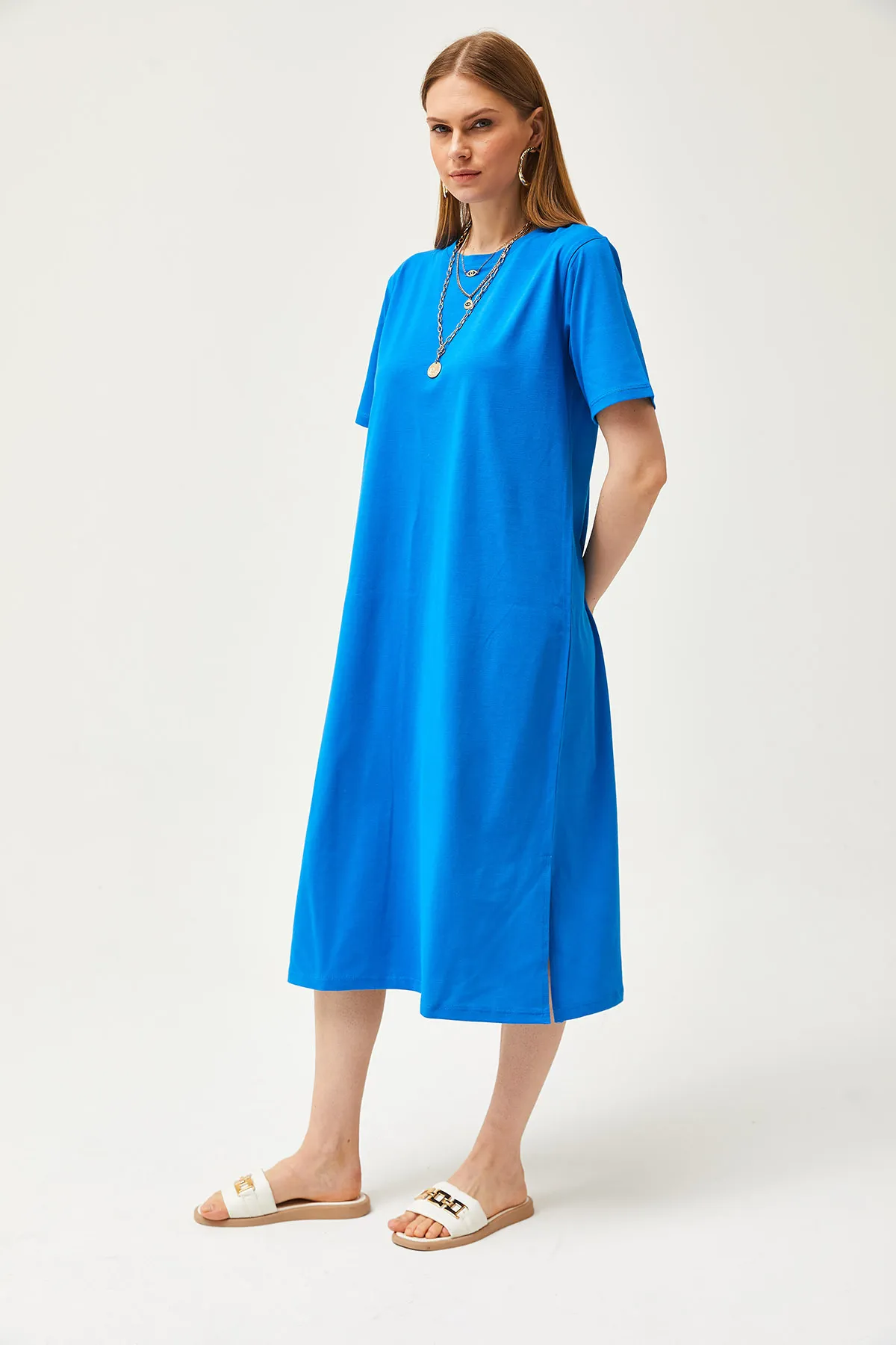 Olalook  Damen-Saks-Blaues Oversize-Baumwollkleid mit Seitenschlitzen ELB-19001880