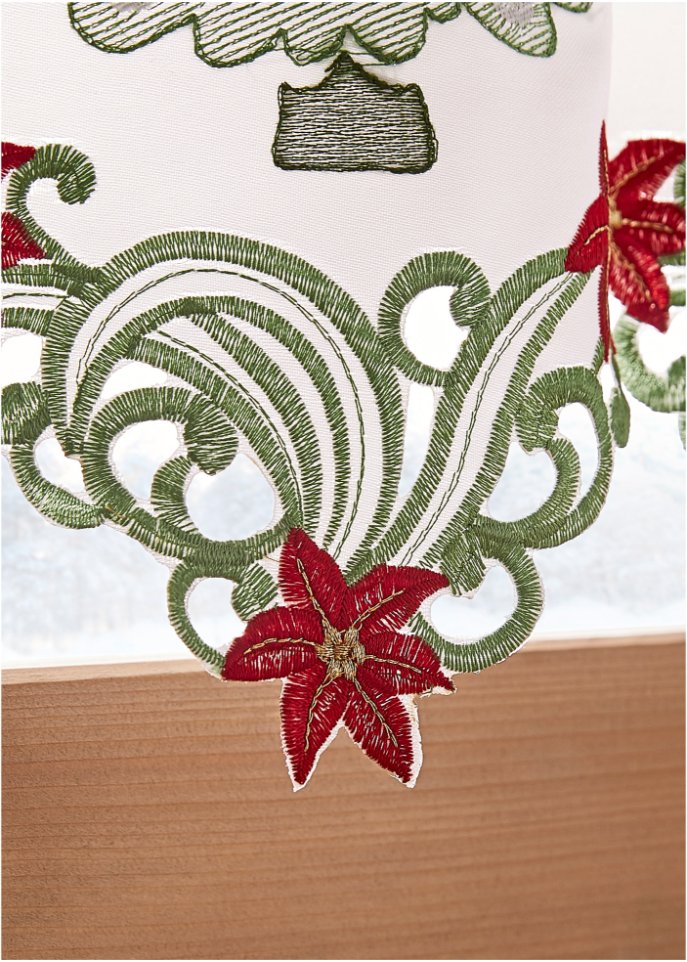 Scheibengardine mit weihnachtlicher Stickerei