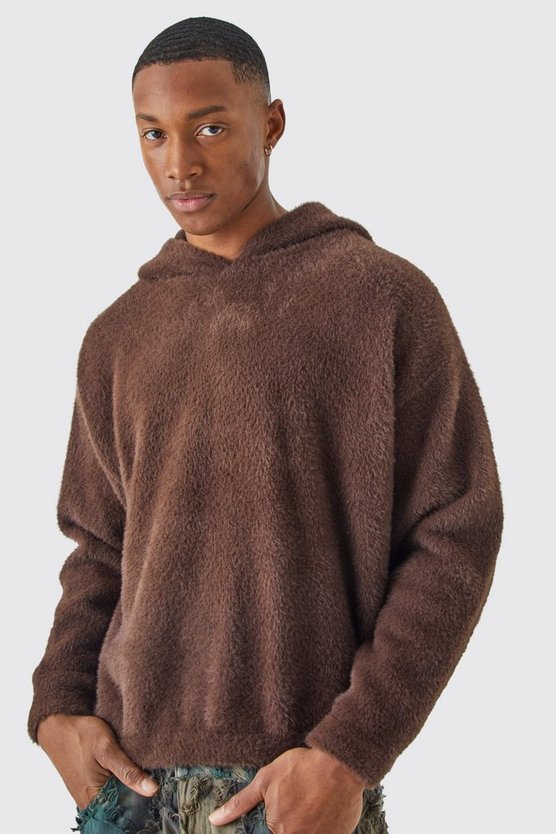 Kastiger flauschiger Strick-Hoodie
