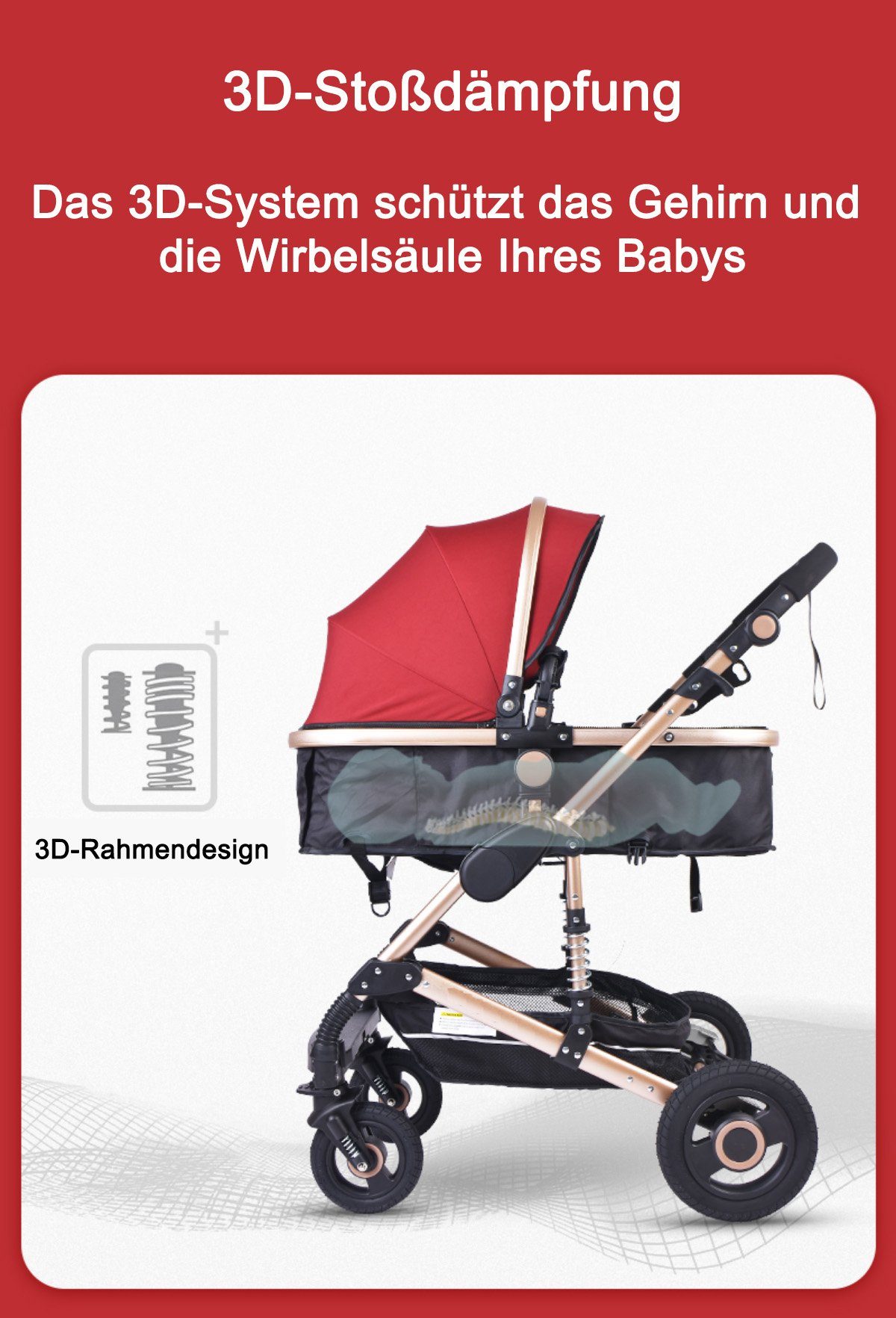 TPFLiving Kombi-Kinderwagen Babyschale Baby Buggy Babywanne 5-Punkt-Sicherheitsgurt Moskitonetz, Getränkehalter Kinderwagen 3 in 1 inkl. großem Zubehörset Schwarz