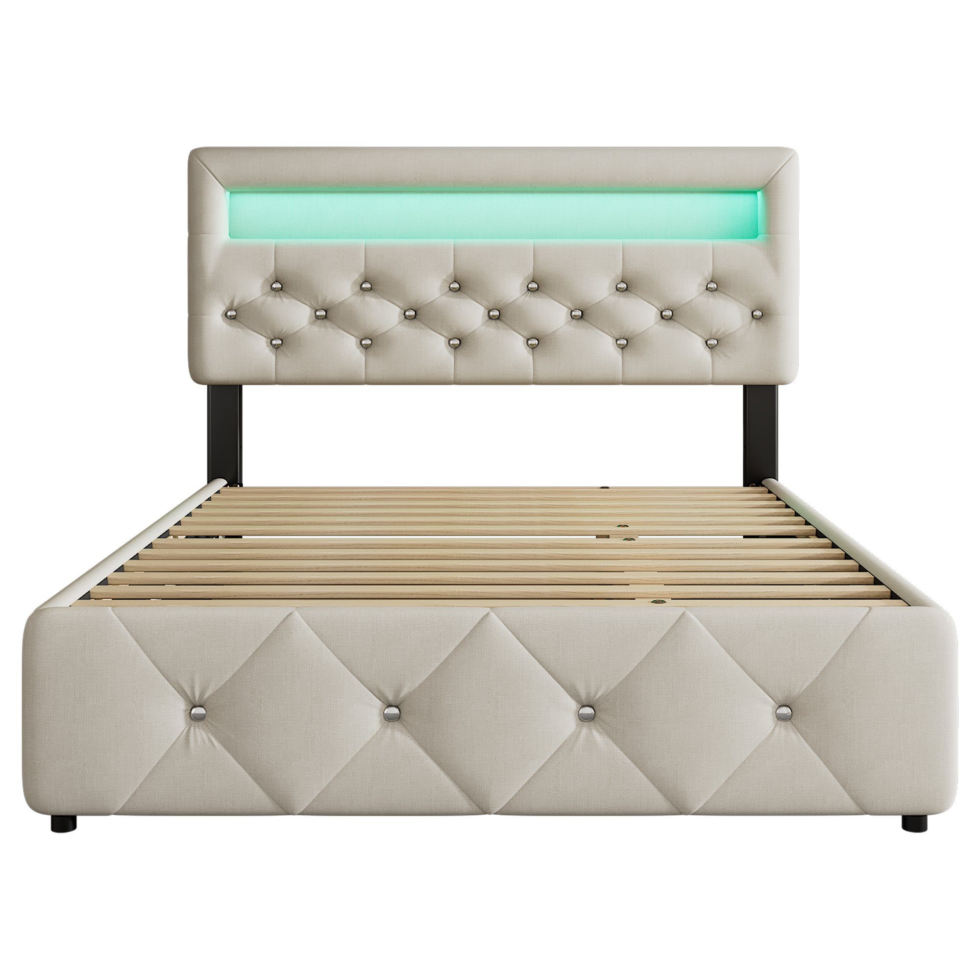 Flieks Polsterbett, LED Doppelbett 140x200cm mit 2 Schubladen, Ausziehbett 90x190cm Leinen