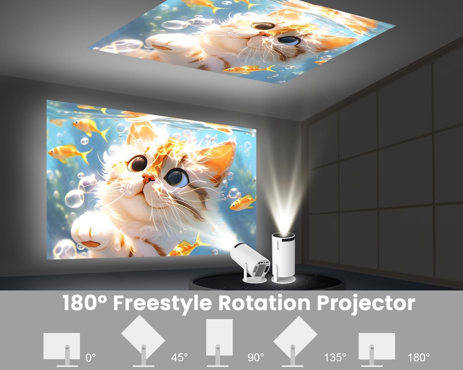 Magcubic unterstützt 4K 180° Dreh Projector mit 2.4/5G WiFi BT5.0 Portabler Projektor (200 lm, 10000:1, 3840 x 2160 px, Automatischer Keystone-Korrektur Heimkino Portabler mit 130''Display)