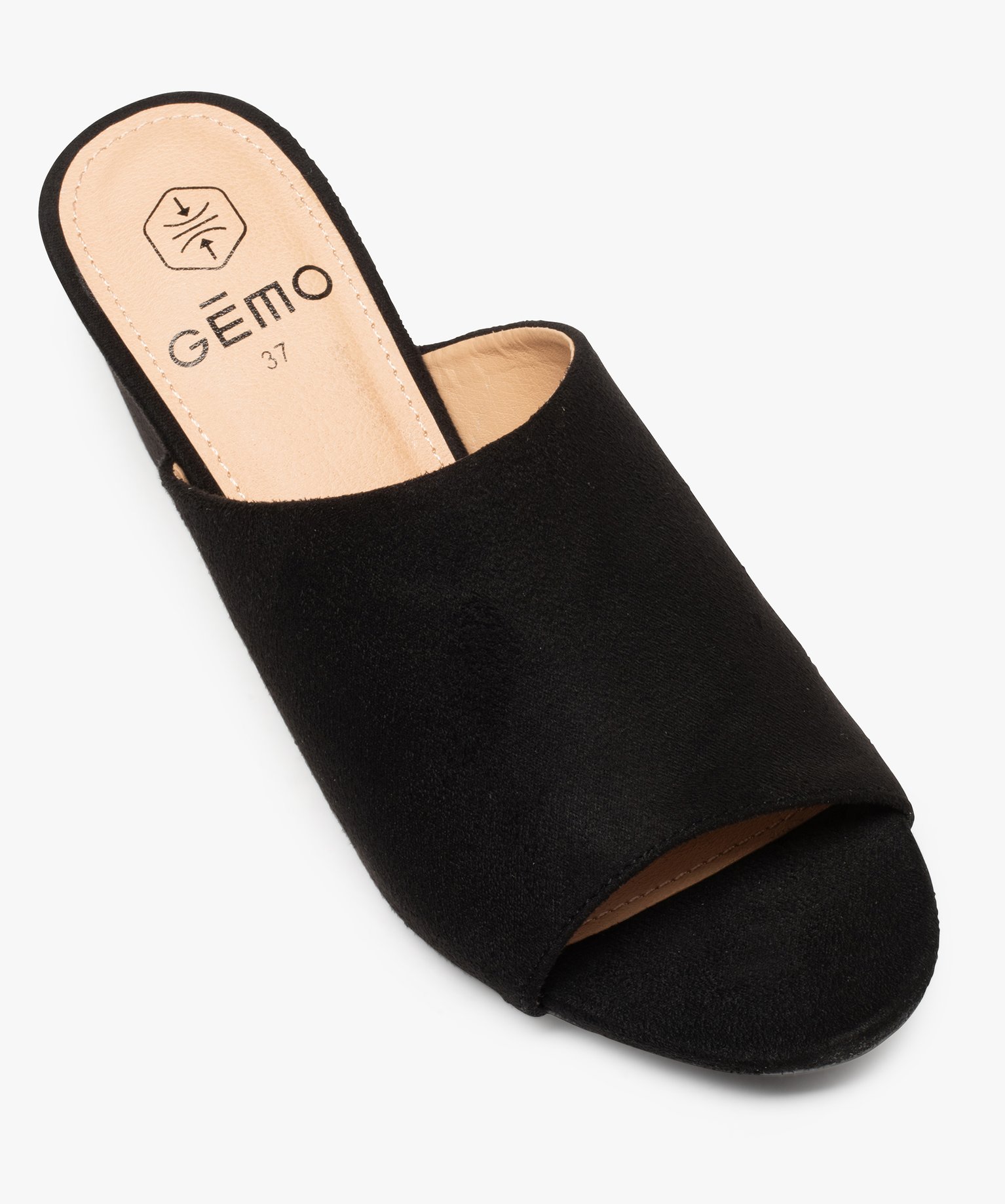 Mules femme à talon carré dessus en suédine unie noir | GEMO