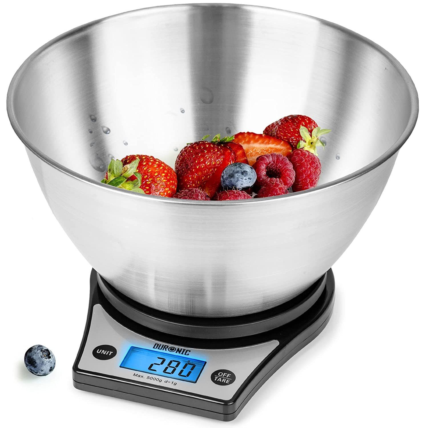 Duronic Küchenwaage, KS6000 BK/SS Küchenwaage, 5 kg Digitalwaage rund mit 2,5 L Schüssel