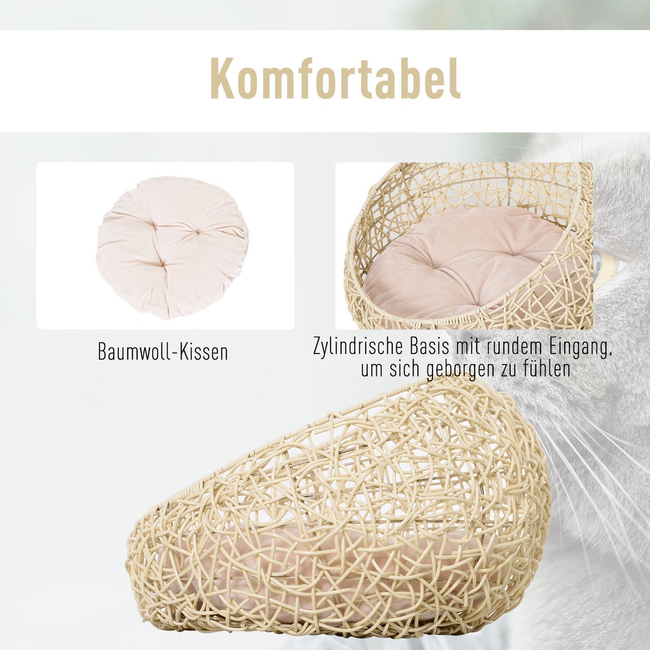 PawHut Katzenbett aus Rattan mit Kissen Katzenhöhle Hundehütte Beige Ø56 x 35 cm