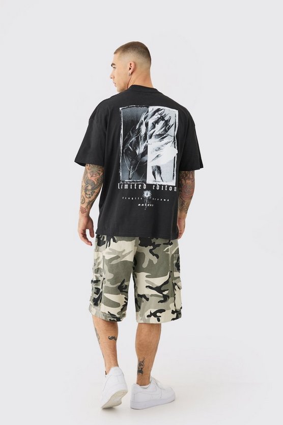 Oversized Extended Neck Floral Graphic Back Print T-shirt