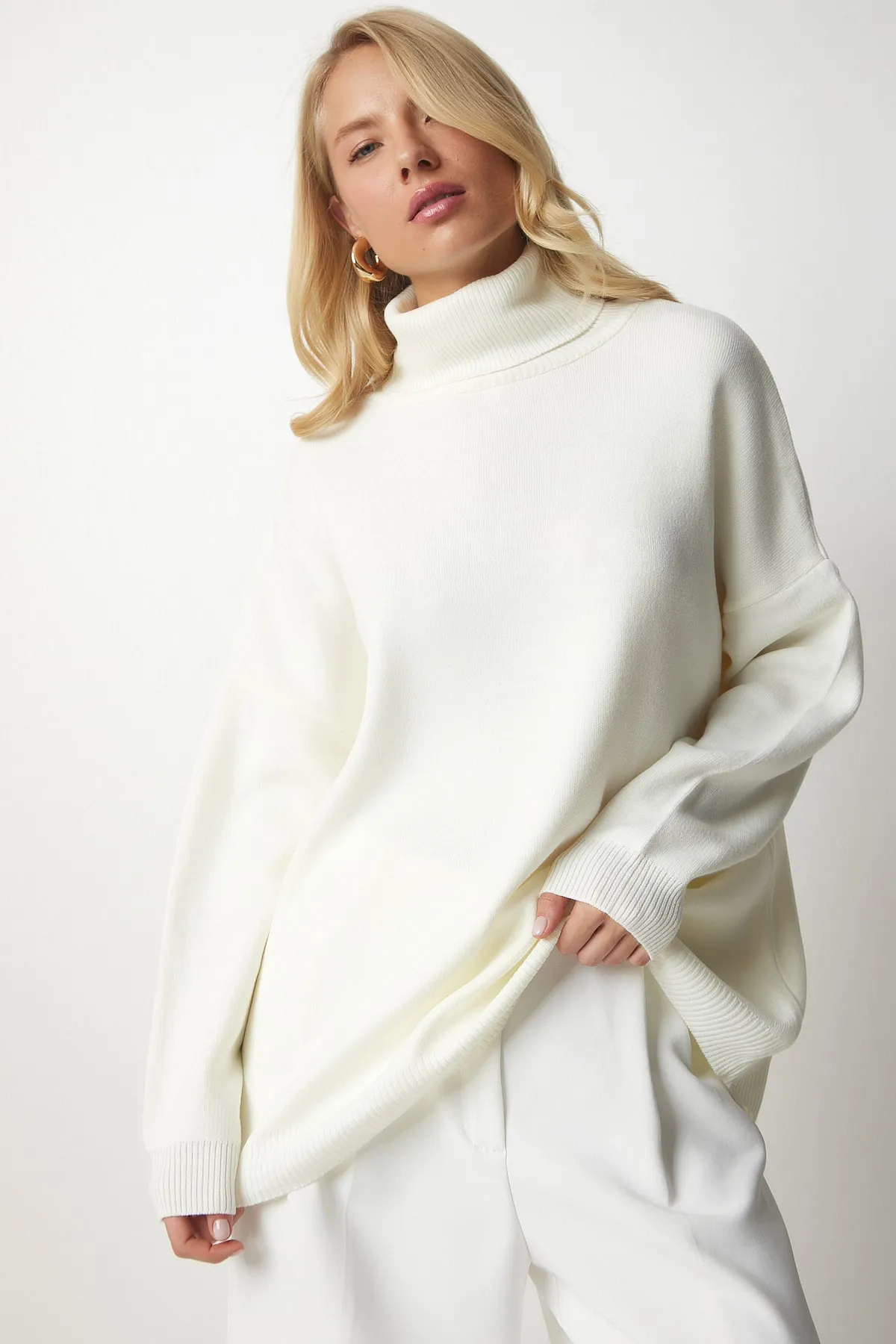 Happiness İstanbul  Damen Rollkragenpullover in Übergröße mit Knochenmuster BV00084