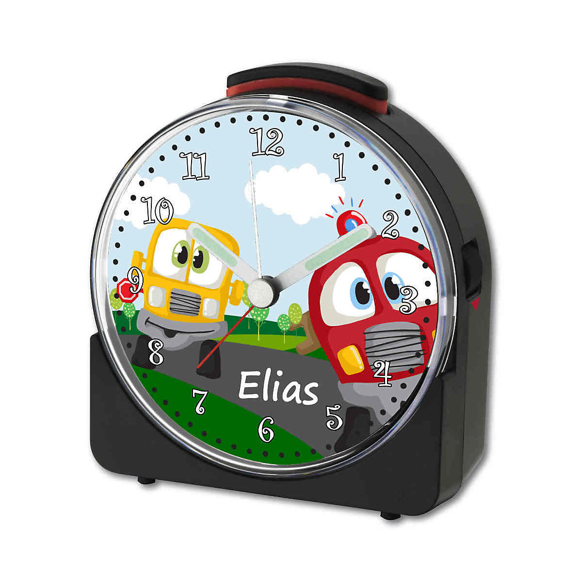 Kinder Funkwecker weiß personalisiert mit Namen Auto-Cartoon