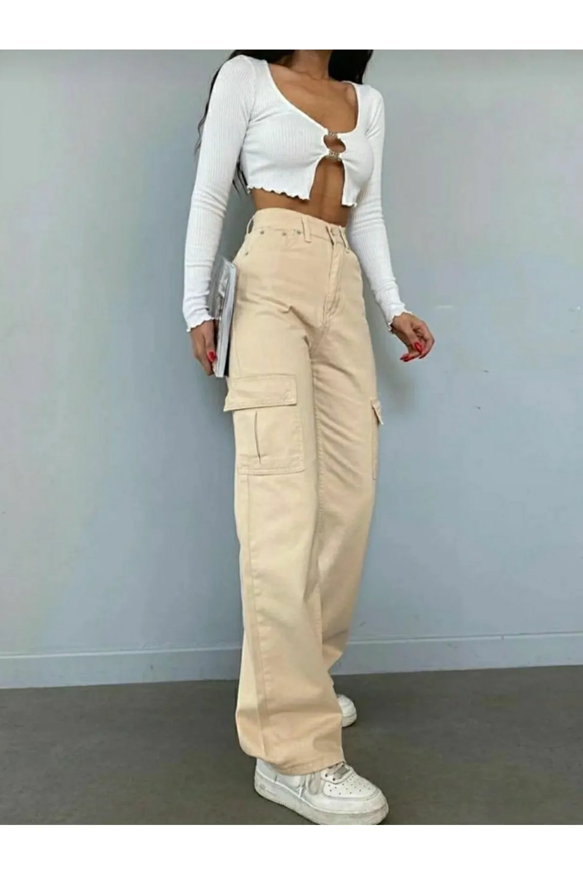 Trn JNS  Hayley Damen-Palazzo-Jeans in Beige mit extra hoher Taille, Tasche und ohne Gesäßtasche