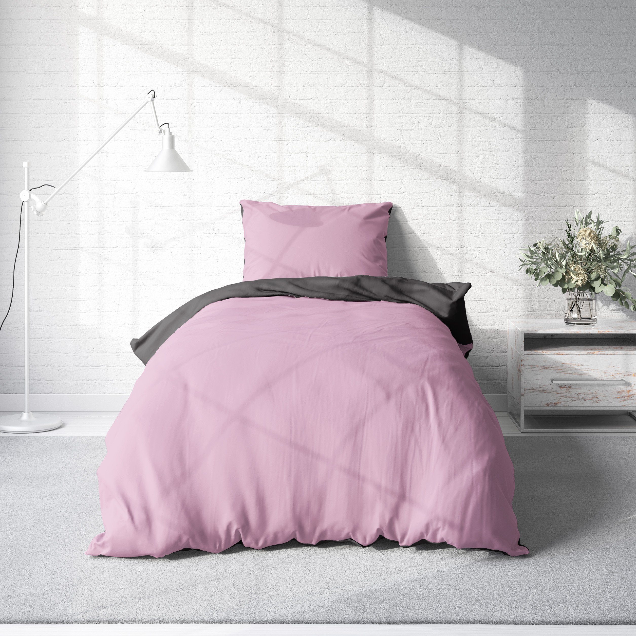 Wendebettwäsche Doubleface, One Home, Mikrofaser, 2 teilig, rosa / anthrazit, Normalgröße