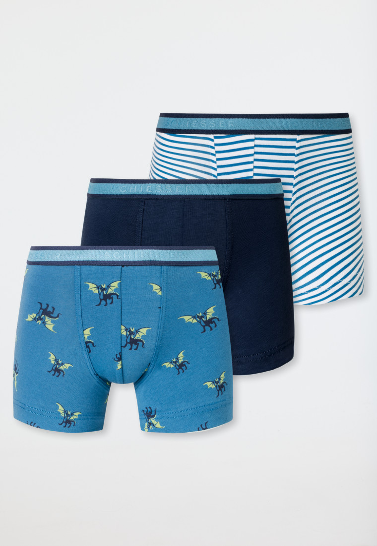 Shorts 3er-Pack Organic Cotton Webgummibund Streifen und Drachenprint - 95/5