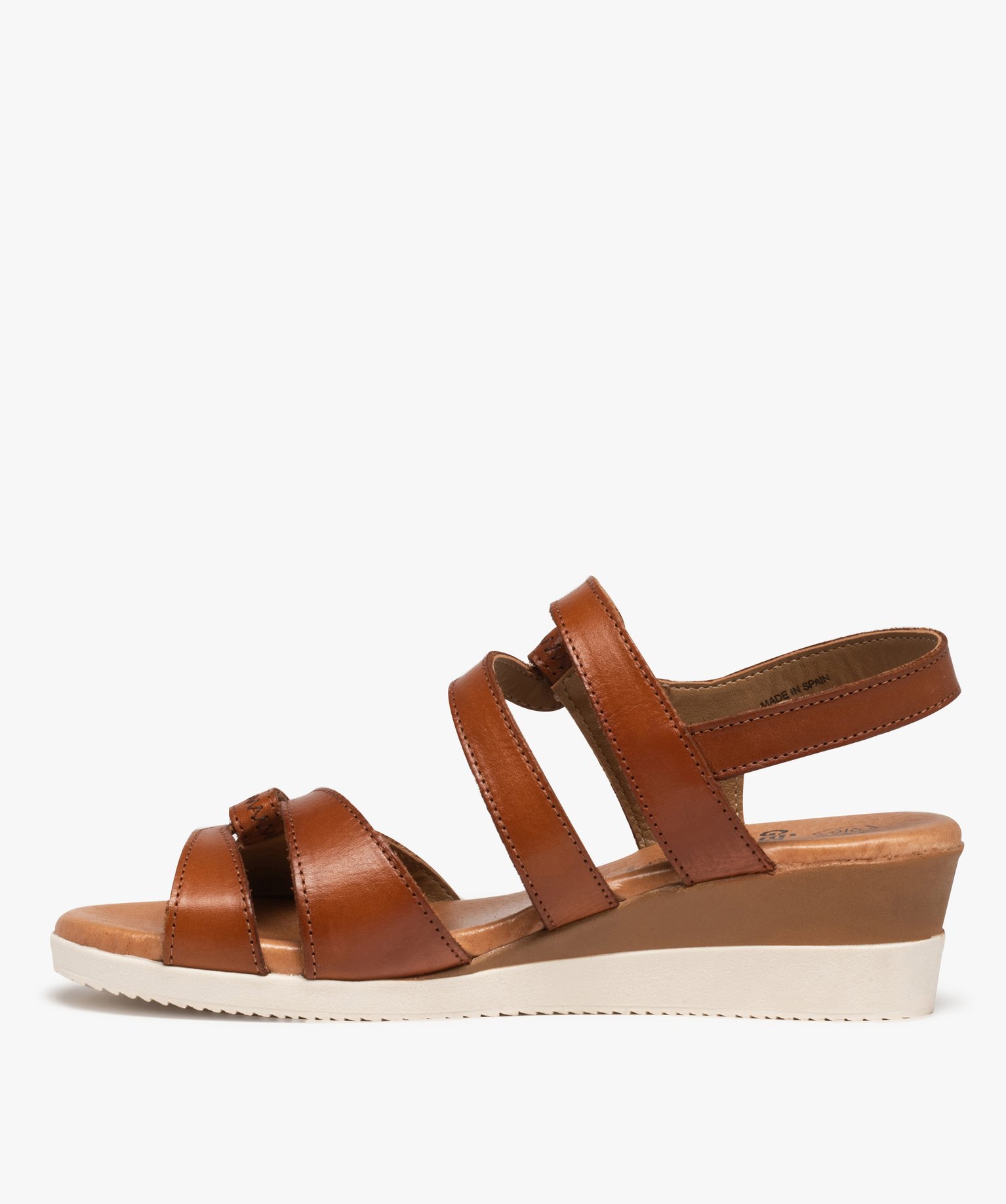 Sandales femme compensées à brides scratch en cuir camel | GEMO