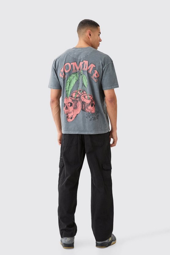 Oversize T-Shirt mit Acid-Waschung und Kirsch-Print