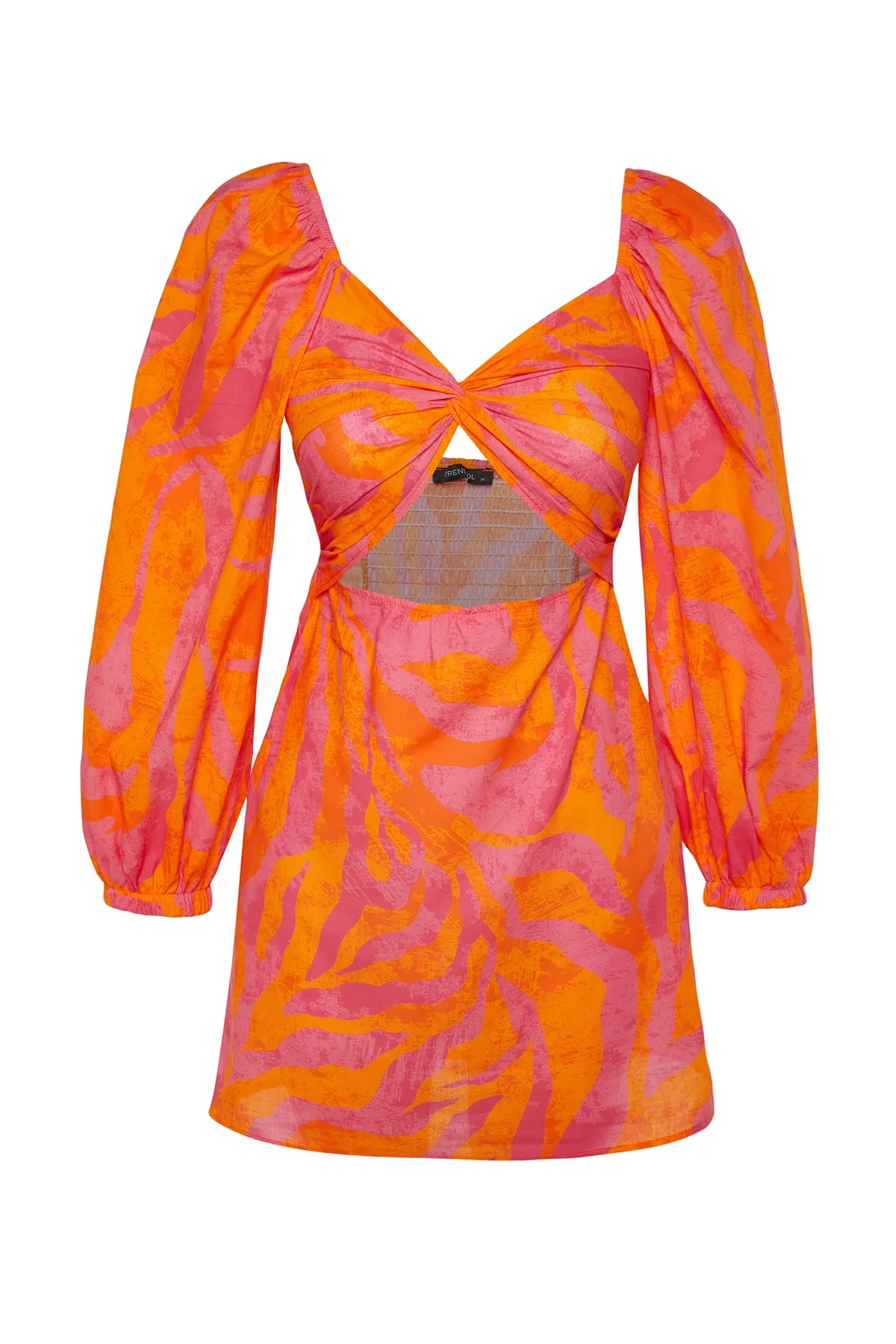 Trendyol Collection  Abstrakt gemustertes, figurbetontes Mini-Strandkleid aus 100 % Baumwolle mit Ausschnitt/Fensterausschnitt TBESS23EL00175
