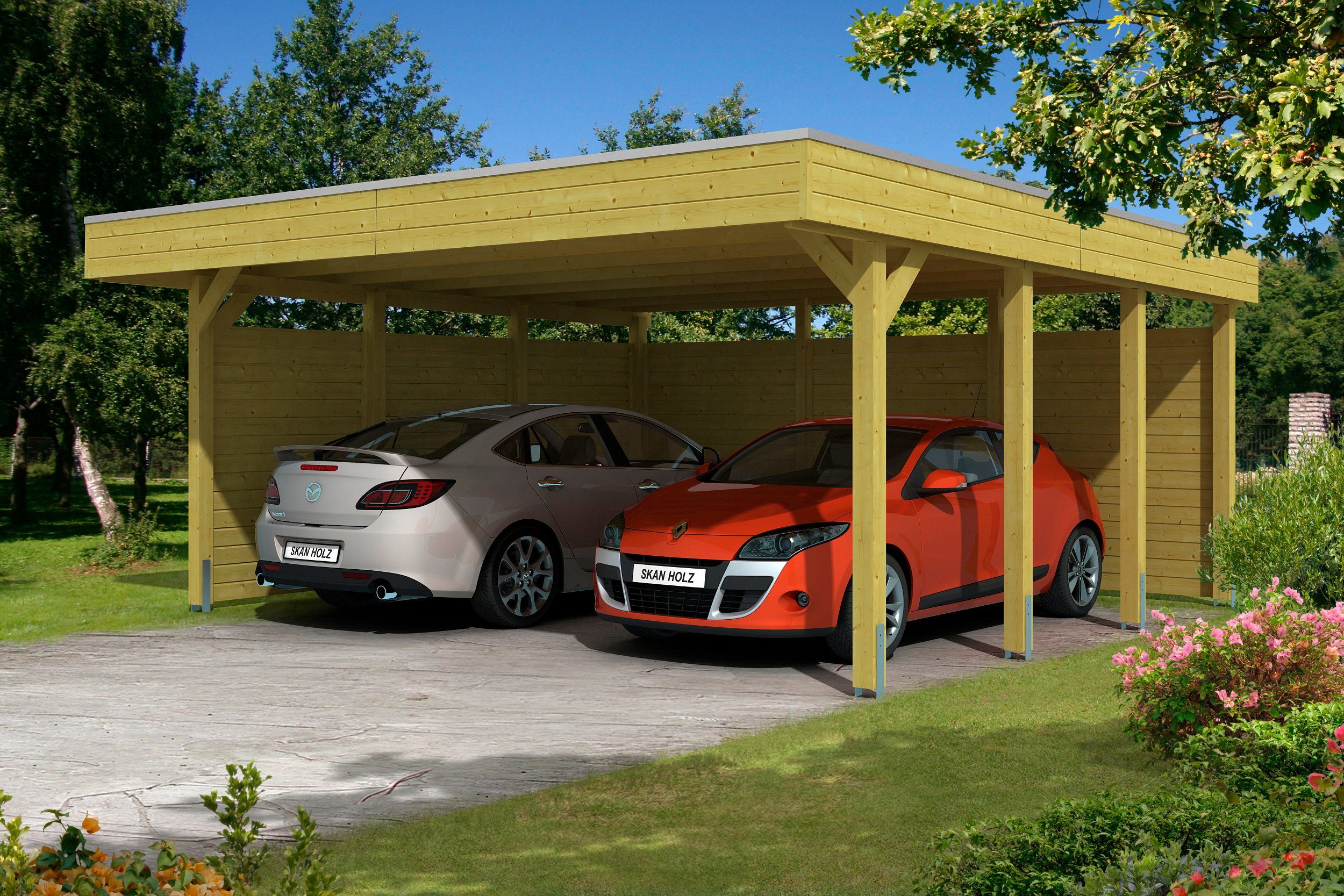 Skanholz Doppelcarport Friesland 3, BxT: 557x555 cm, 210 cm Einfahrtshöhe, (Set), mit Seiten- und Rückwänden