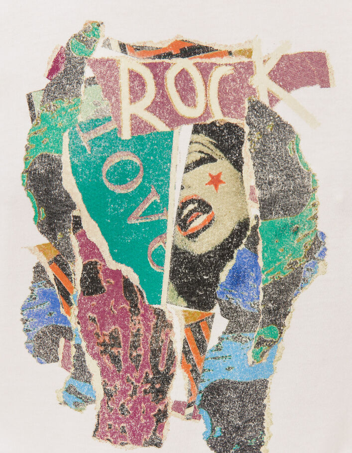 Tee-shirt écru visuel collage arty rock and love Femme
