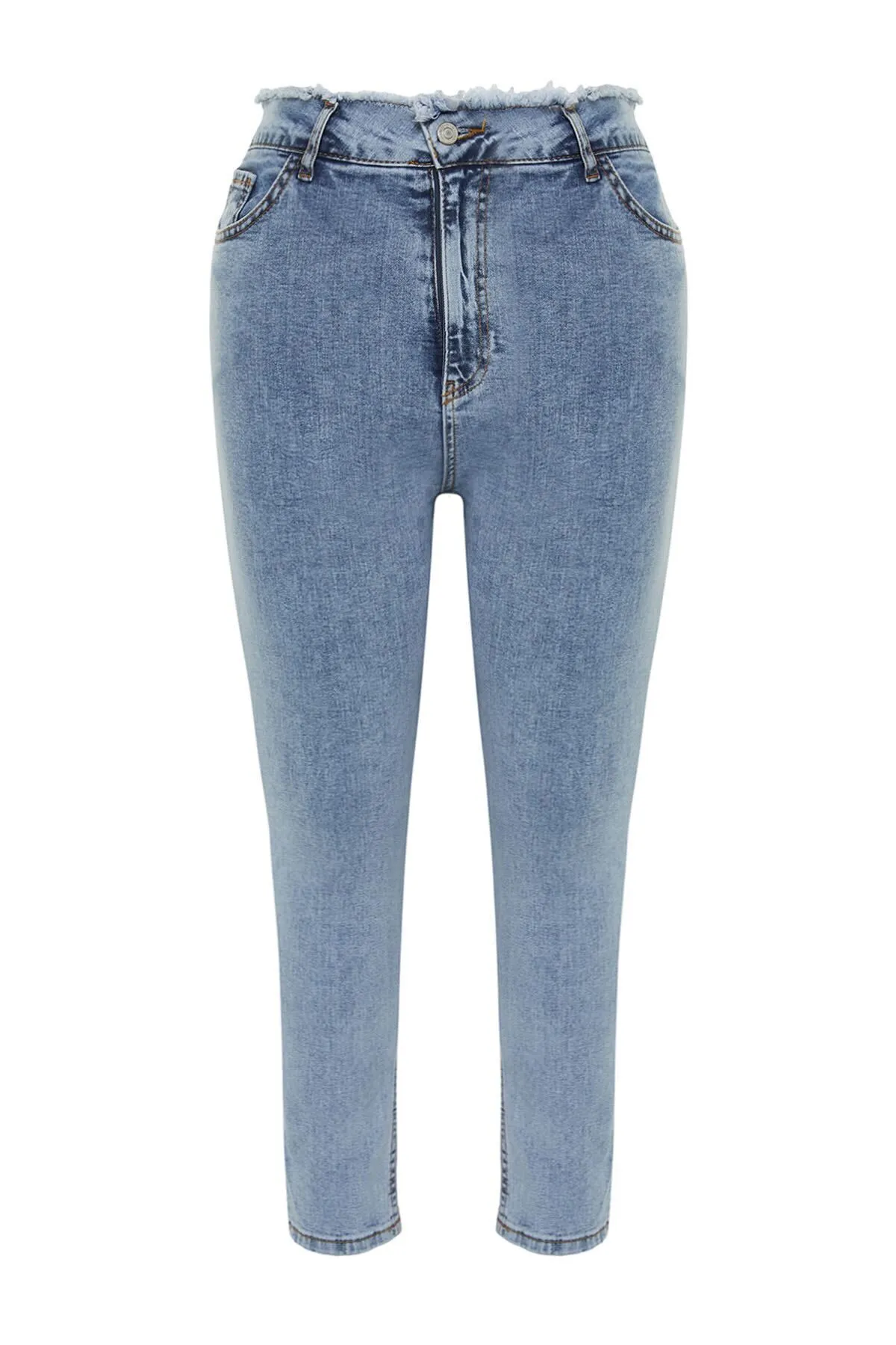 Trendyol Curve  Hellblaue, dehnbare Skinny-Jeans mit Quastendetails TBSSS24CJ00033