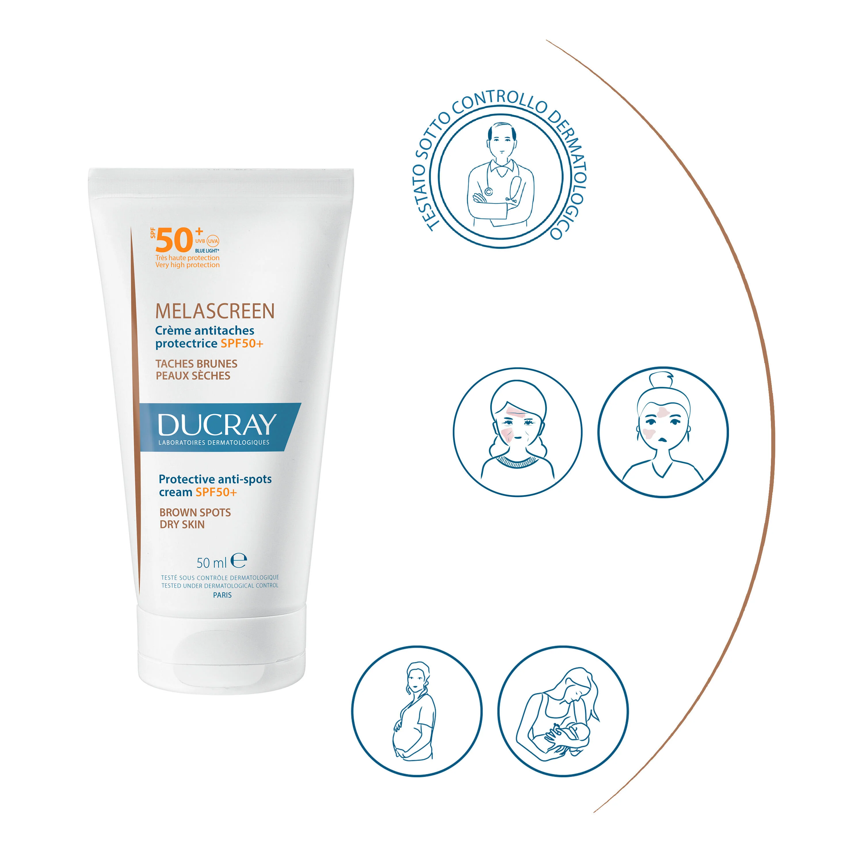 Melascreen zaščitna krema proti nepravilnostim SPF50+ - Dnevna krema za obraz proti nepravilnostim, zaščitni tretmaji, visoka zaščita pred soncem za obraz.
