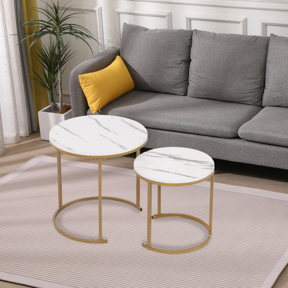 Happy Home Happy Home Satztisch Couchtisch Beistelltisch 2 tlg. HWT51-WEI Marmor Weiß Dekor Gestell Gold