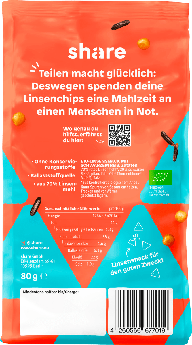 Linsenchips mit schwarzem Reis, gesalzen, 80 g