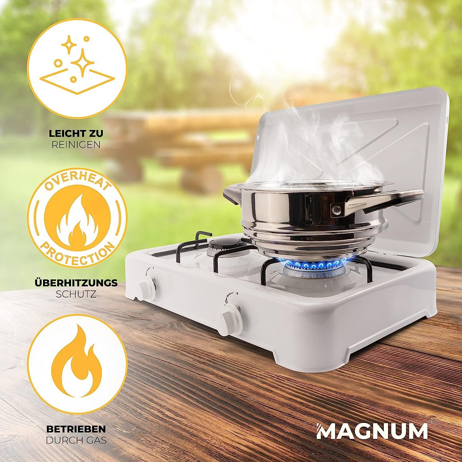 Magnum Wave Gaskocher 2-flammig inkl. Gasschlauch Robuster Campingkocher, Camping Gasgrill für Indoor und Outdoor Tischgrill