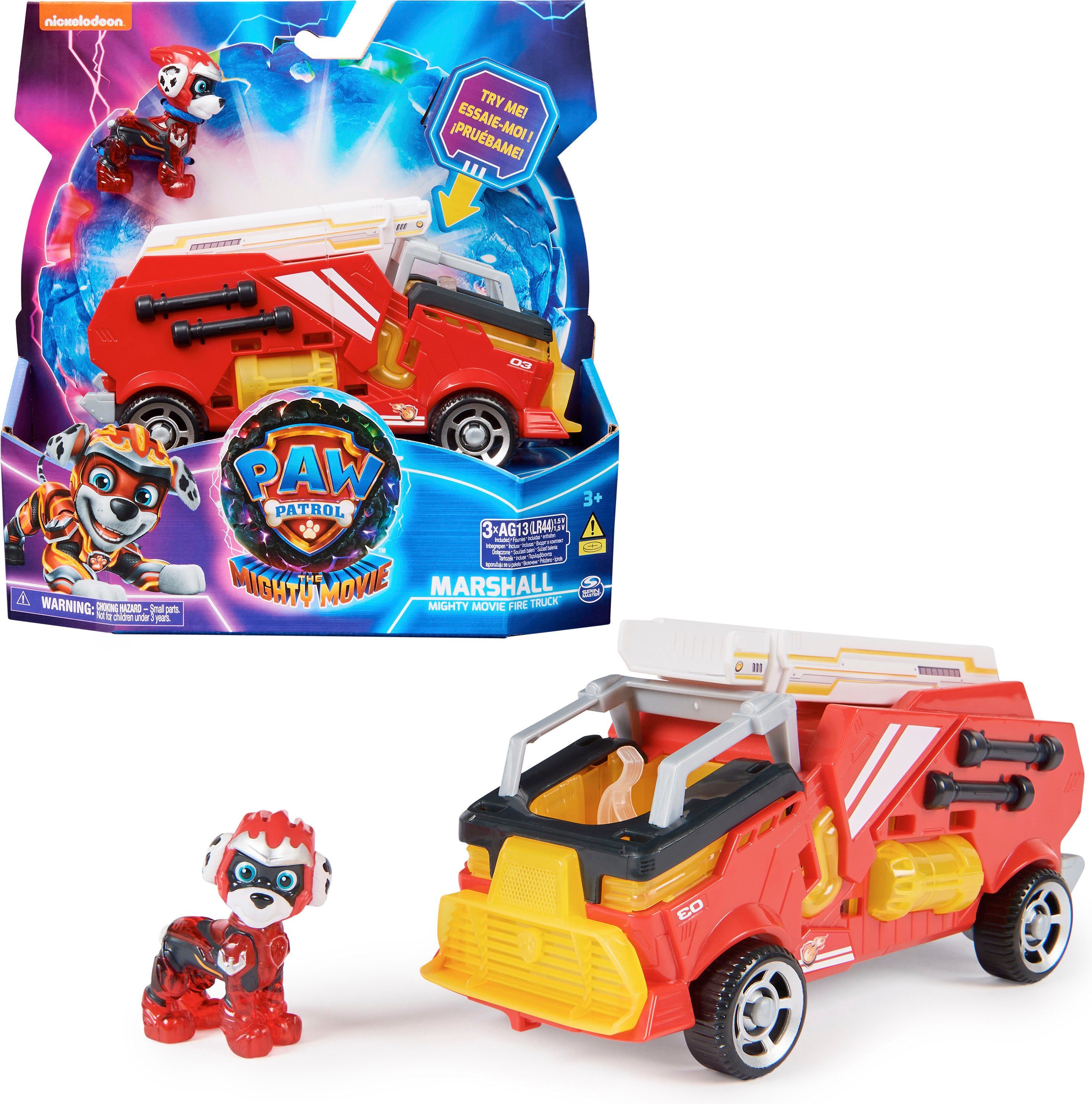 Spin Master Spielzeug-Auto PAW Patrol, Der Mighty Kinofilm: Superhelden-Basis-Fahrzeug, von Marshall Löschzug mit Welpenfigur, Licht- und Soundeffekt