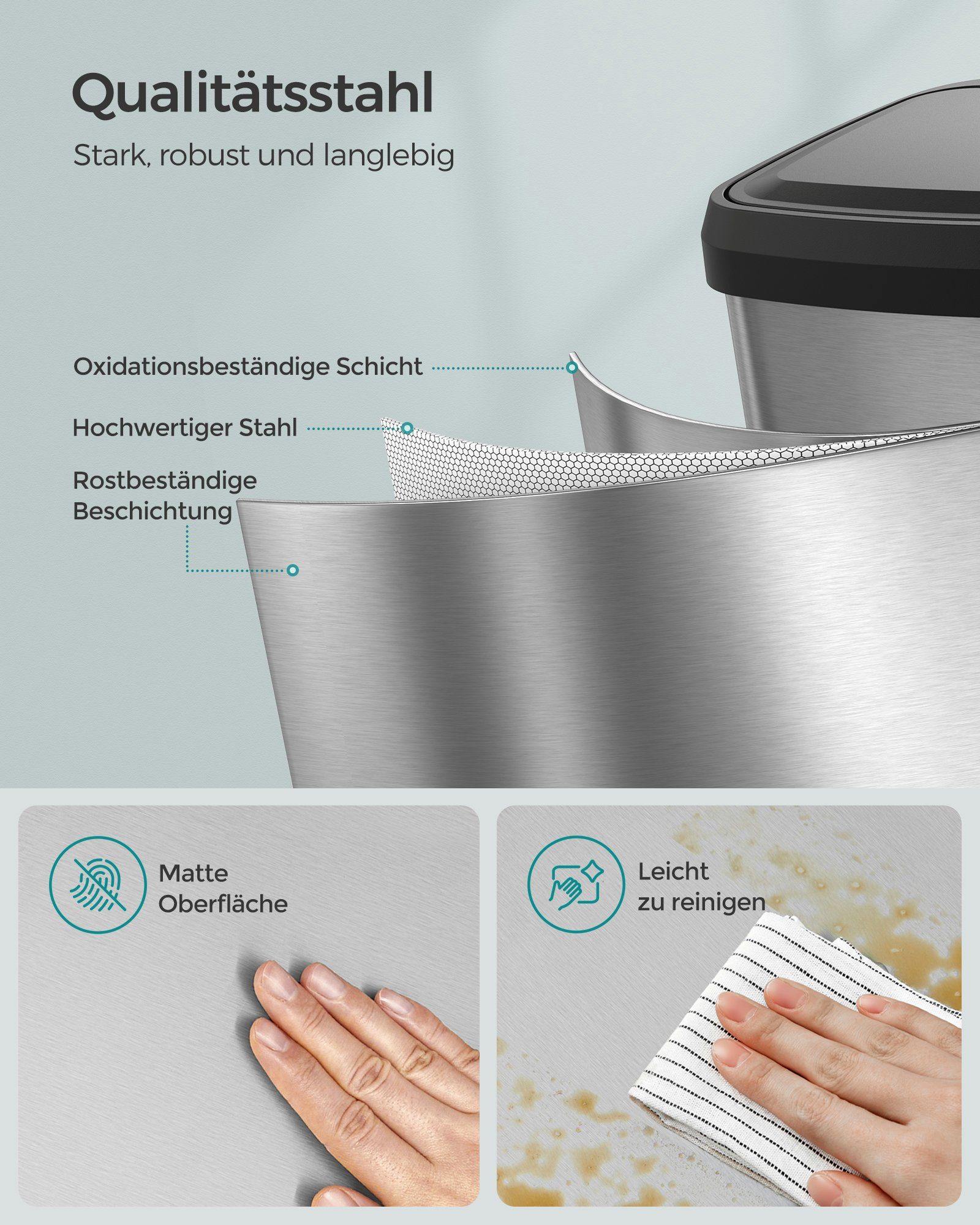 SONGMICS Mülleimer 68 Liter, Abfalleimer Tretmülleimer aus Metall hoch