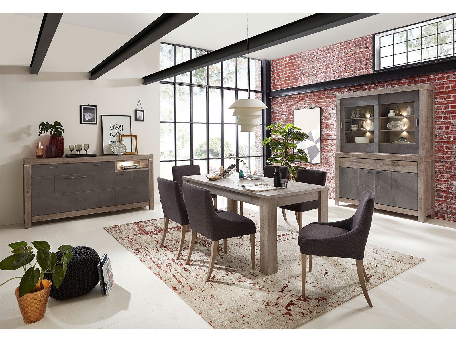 möbelando Buffet Gravesend Modernes Buffet in Haveleiche Nachbildung / Beton Oxid Nachbildung, Korpus aus Spanplatte, Front aus MDF bestehend aus 1 Sideboard und 1 Buffet-Aufsatz, inkl. LED-Beleuchtung. Breite 156 cm, Höhe 211 cm, Tiefe 42 cm