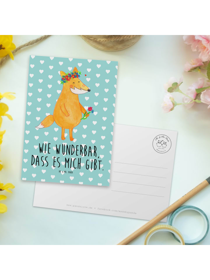 Mr. & Mrs. Panda Postkarte Fuchs Blumen mit Spruch in Türkis Pastell günstig kaufen onesize