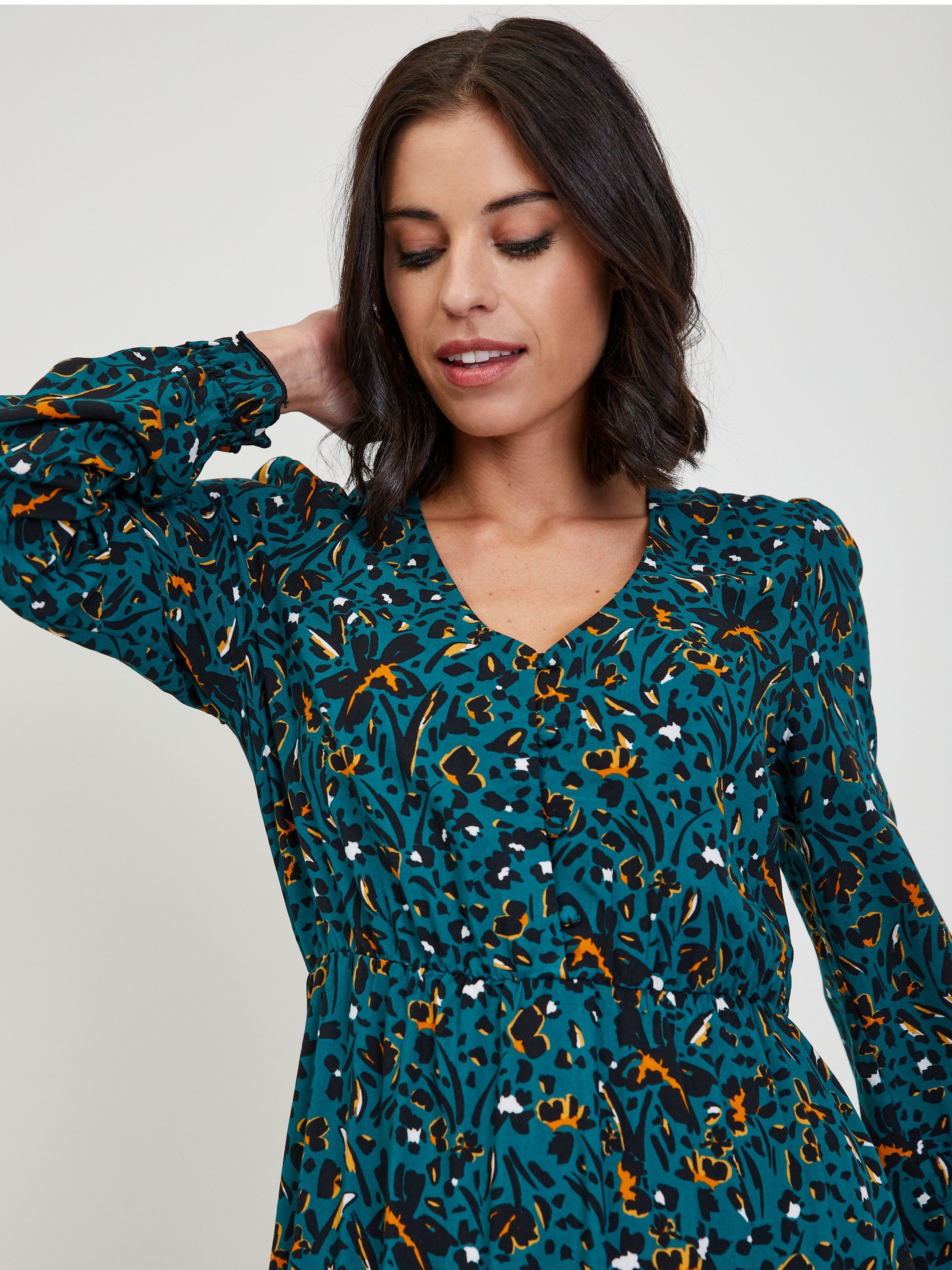 Dunkelgrünes gemustertes Damen Midikleid ORSAY