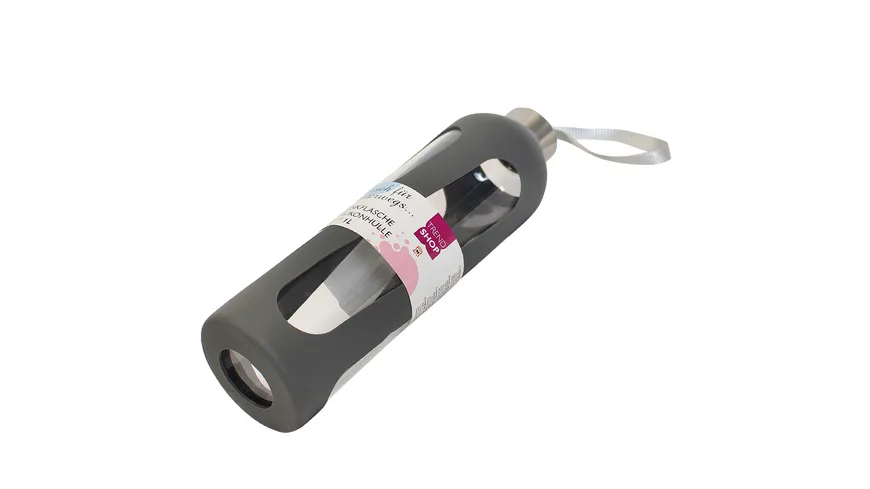 TRENDSHOP Trinkflasche aus Glas mit Silikonmantel 1l grey