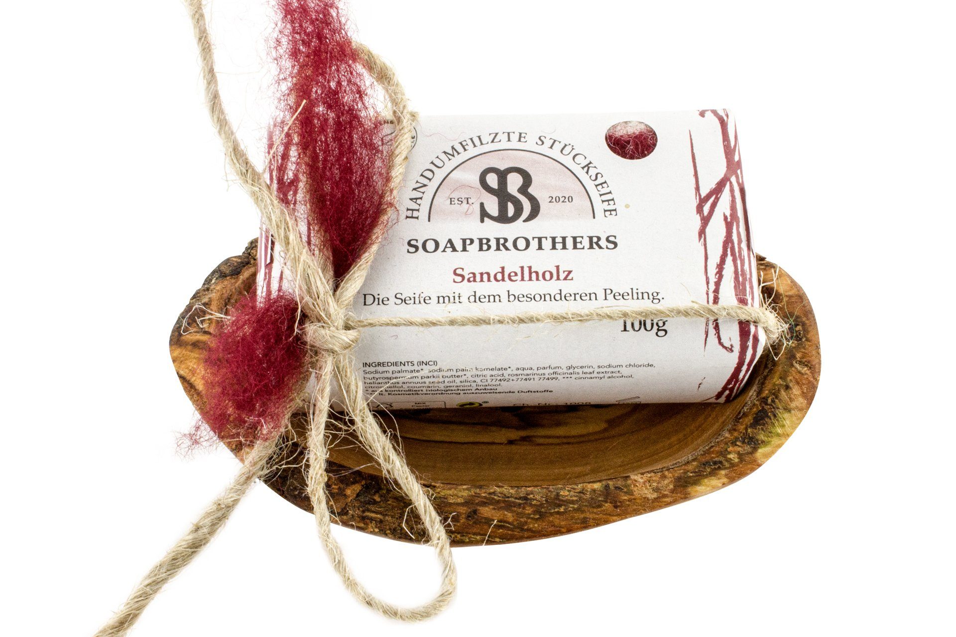 Soapbrothers Seifen-Set Geschenk-Set Naturkosmetik und Olivenholzseifenschale - 100g Sandelholz - Nachhaltige Geschenkidee, 2-tlg., Naturkosmetik
