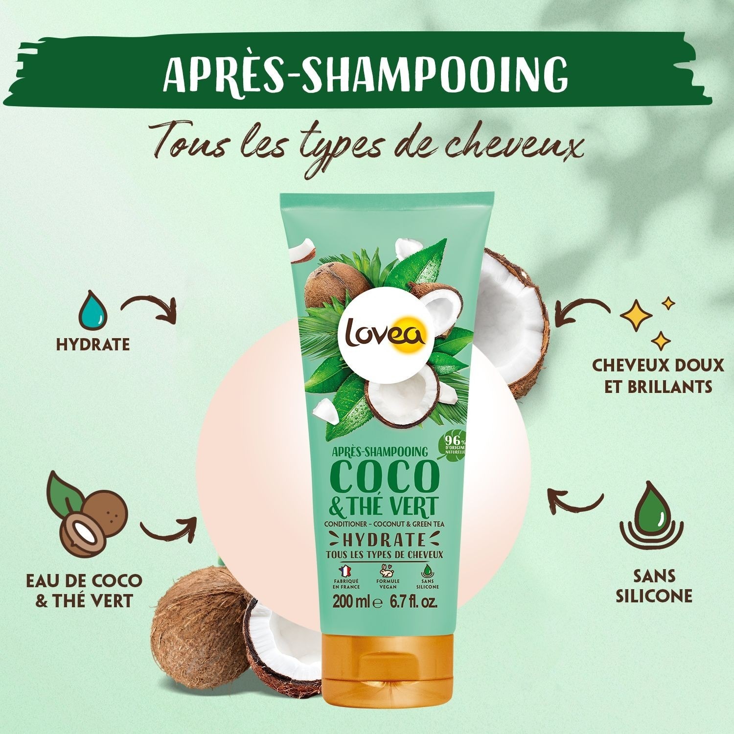 Après-shampooing Lovea à la noix de coco et au thé vert