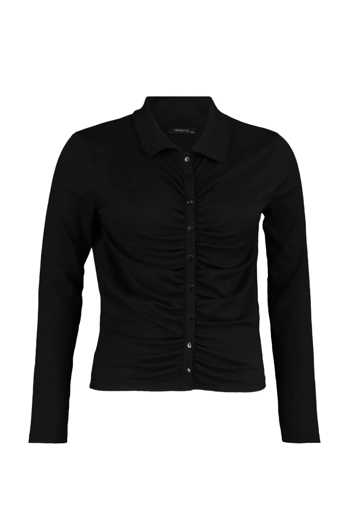 Trendyol Curve  Schwarzes, körperbetontes, gerafftes Strickhemd TBBAW23AX00001