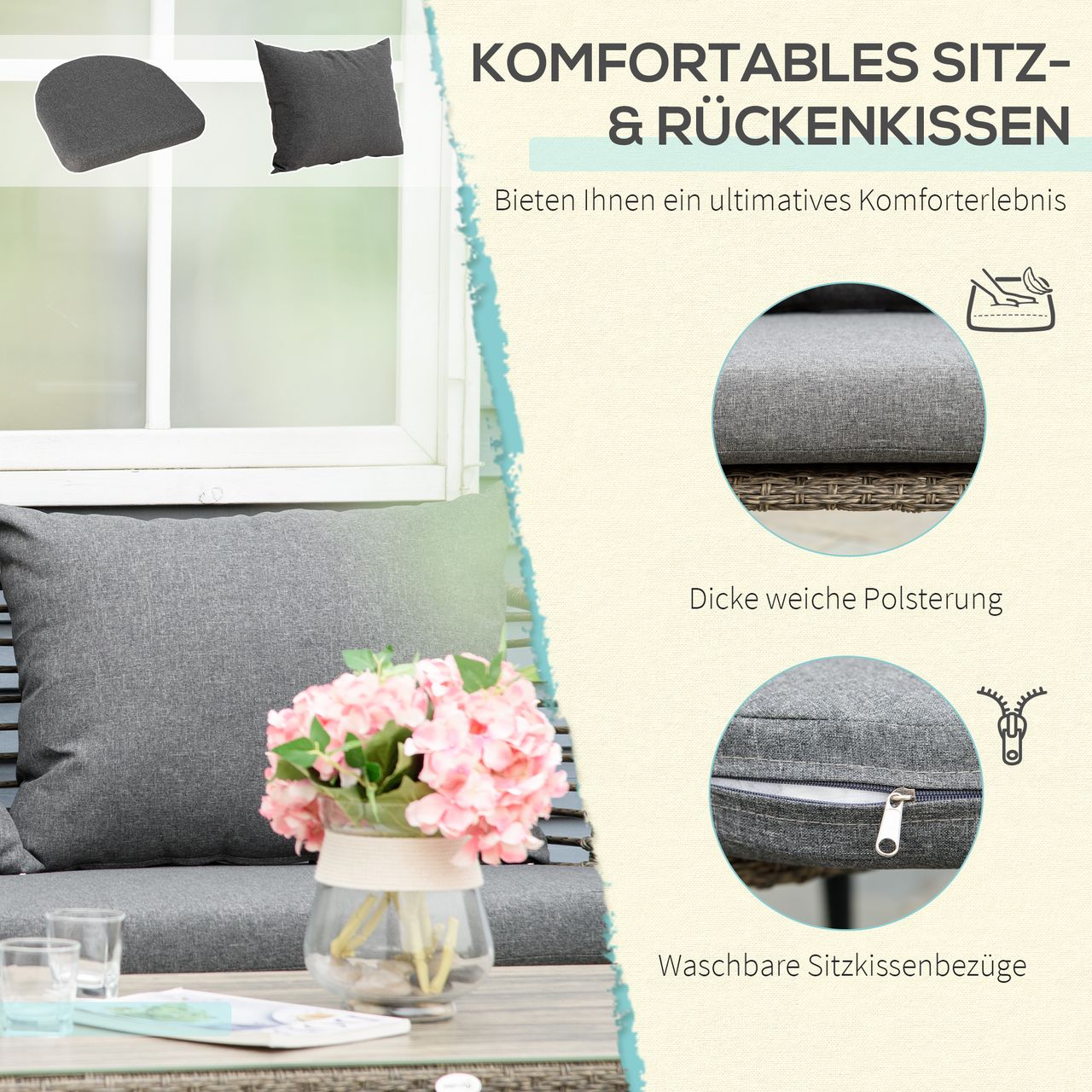 Outsunny Polyrattan Gartenmöbel Set 4-teiliges Rattensofa-Set Sitzgruppe Sitzgarnitur für Pause Lounge Teetisch mit Sofa Kissen Stahl Braun Grau