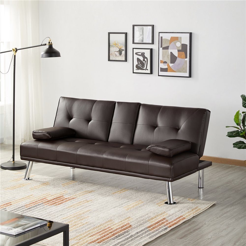 Yaheetech Schlafsofa 3er-Sofa Bettsofa Couch mit Tassenhalter Gästebett 167 x 81,5 x 75 cm, Rückenlehne neigbar 105°/140°/180°, 350 KG belastbar