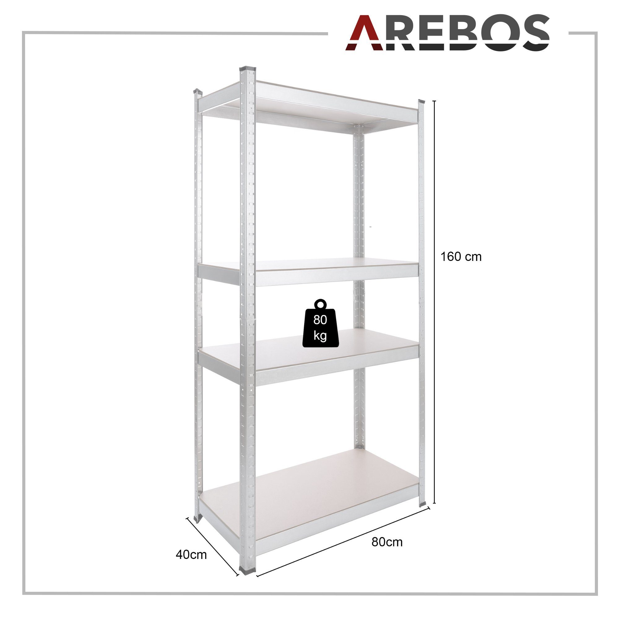 Arebos Schwerlastregal Kellerregal Steckregal Lagerregal 160 x 80 x 40 cm 320 kg, Set 2-tlg.