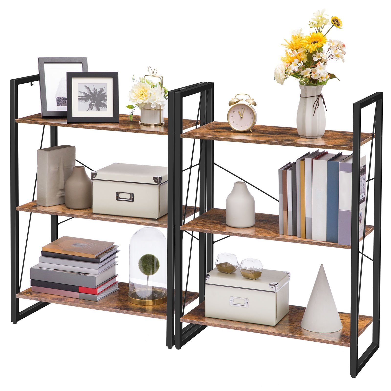 BERLINLODGE® Bücherregal Manhattan 6 Ebenen, Leiterregal Standregal vintage-braun industry-style, für Wohnzimmer, Büro, Schlafzimmer, Küche