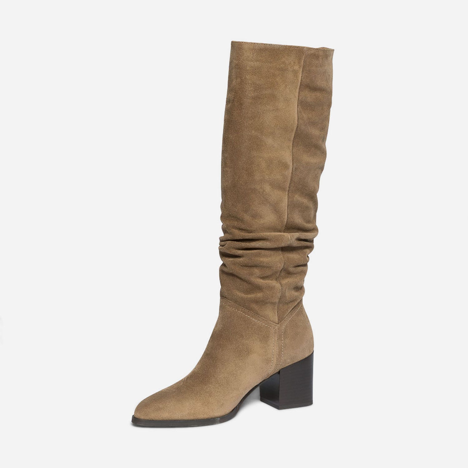 Botte TEXTO taupe en cuir velours éco-conçu à tige plissée